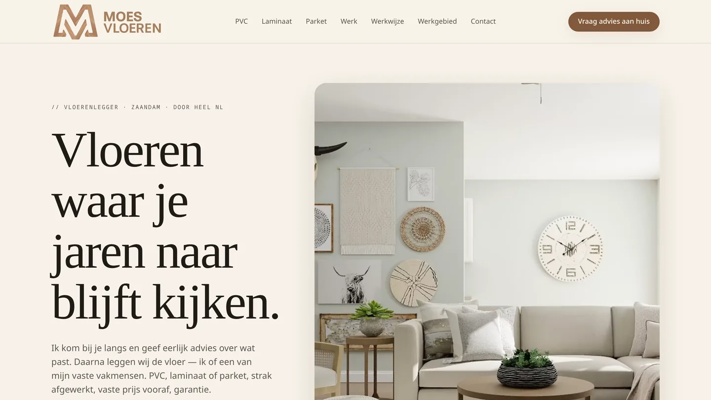 Screenshot van de website van Moes Vloeren